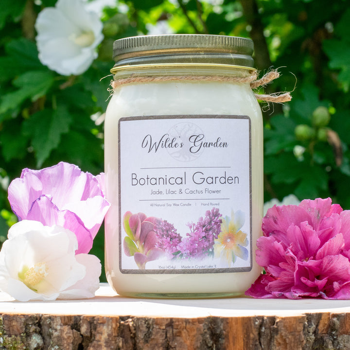 Botanical Garden, 16oz Mason Jar Candle, Lilac and Jade, Flowers on Sides, Photo on Log