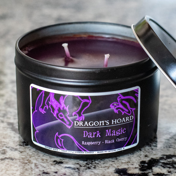 Dark Magic, 14oz Candle, Raspberry and Black Cherry, Front View, Cap Removed