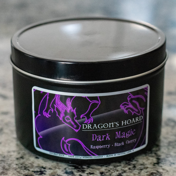 Dark Magic, 14oz Candle, Raspberry and Black Cherry, Front View, Cap On