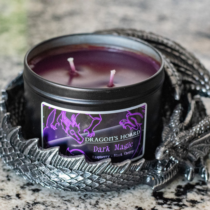 Dark Magic, 14oz Candle, Raspberry and Black Cherry, Front View, Cap Removed in Dragon Candle Holder