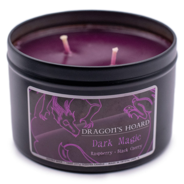 Dark Magic, 14oz Candle, Raspberry and Black Cherry, Front View, Cap Removed, Plain White Background