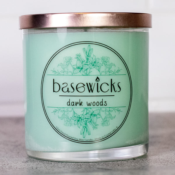 Dark Woods, Soy Wax Candle, Cypress and Black Coral, 12oz, Countertop Cover Photo