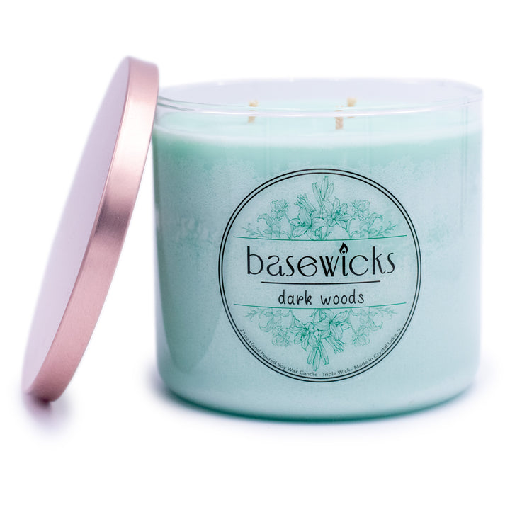 Dark Woods, Soy Wax Candle, Cypress and Black Coral, 21oz, Plain White Background, Cap Removed