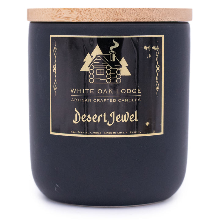 Desert Jewel, 12oz Jar Candle, Sandalwood Amber and Musk Scented, Front View, Plain White Background