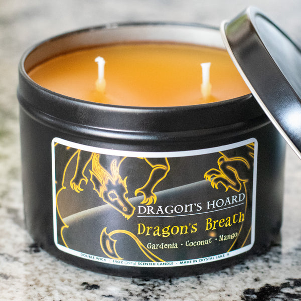 Dragon's Breath, 14oz Candle, Gardena, Coconut, and Mango, Front View, Cap Removed