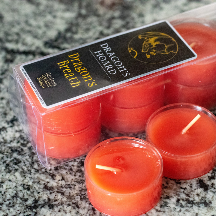 Dragon's Breath, Tea Lights 10 Pack, Gardenia, Coconut, and Mango Scented, Front View, Cover Photo