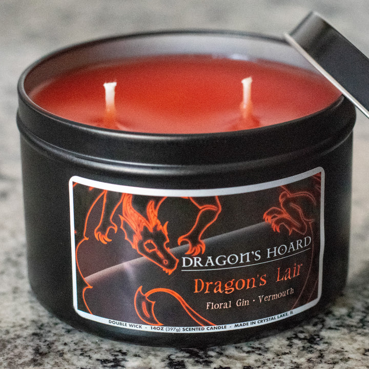 Dragon's Lair, 14oz Candle, Floral Gin and Vermouth, Front View, Cap Removed