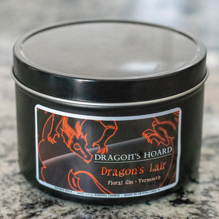 Dragon's Lair, 14oz Candle, Floral Gin and Vermouth, Front View, Cap On