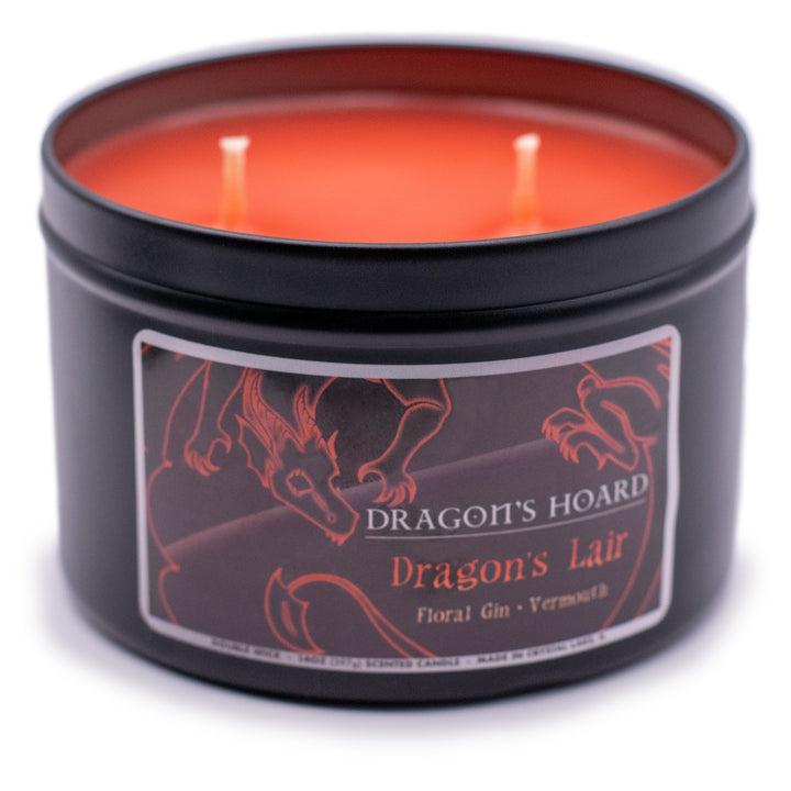 Dragon's Lair, 14oz Candle, Floral Gin and Vermouth, Front View, Cap Removed, Plain White Background