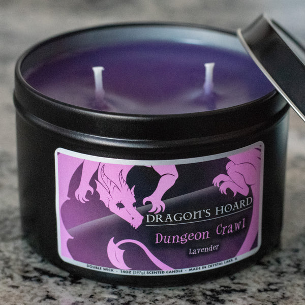 Dungeon Crawl, 14oz Candle, Lavender, Front View, Cap Removed