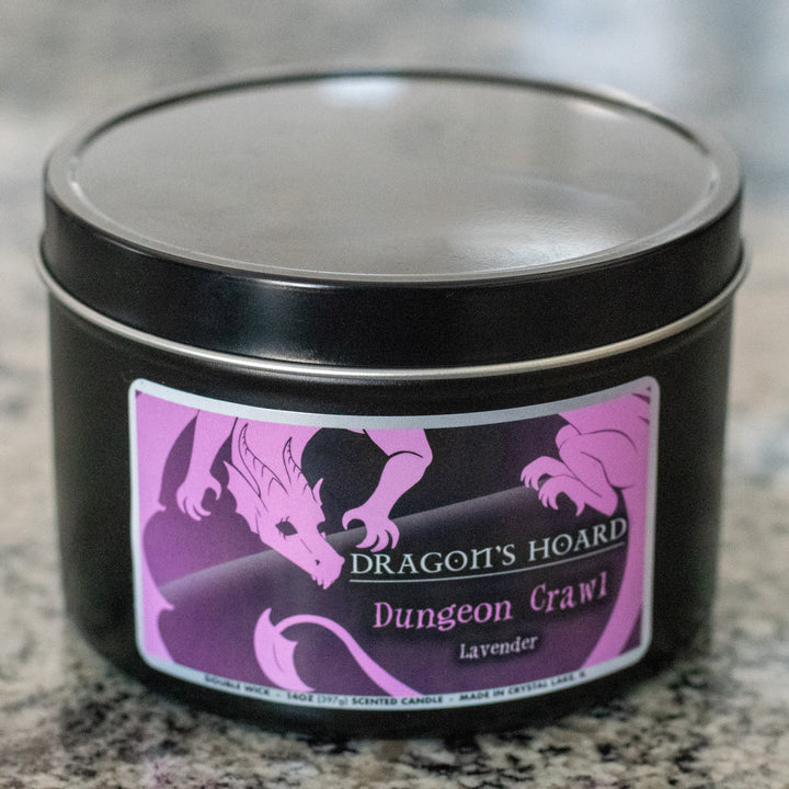 Dungeon Crawl, 14oz Candle, Lavender, Front View, Cap On
