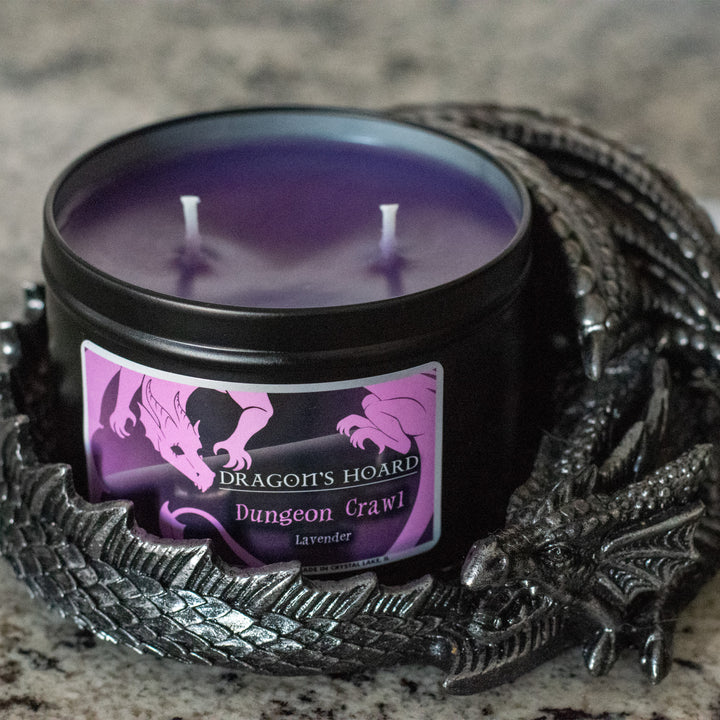 Dungeon Crawl, 14oz Candle, Lavender, Front View, Cap Removed in Dragon Candle Holder