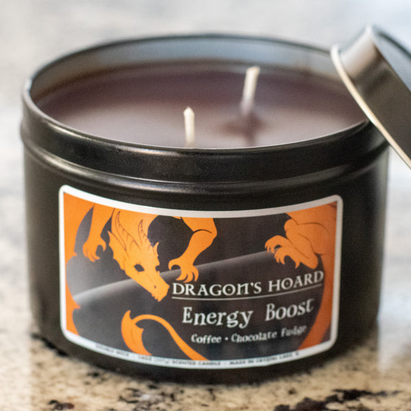 Energy Boost, 14oz Candle, Coffee and Chocolate Fudge, Front View, Cap Removed