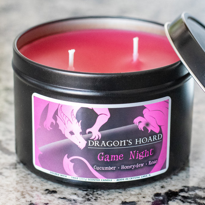 Game Night, 14oz Candle, Cucumber, Honeydew, and Rose, Front View, Cap Removed