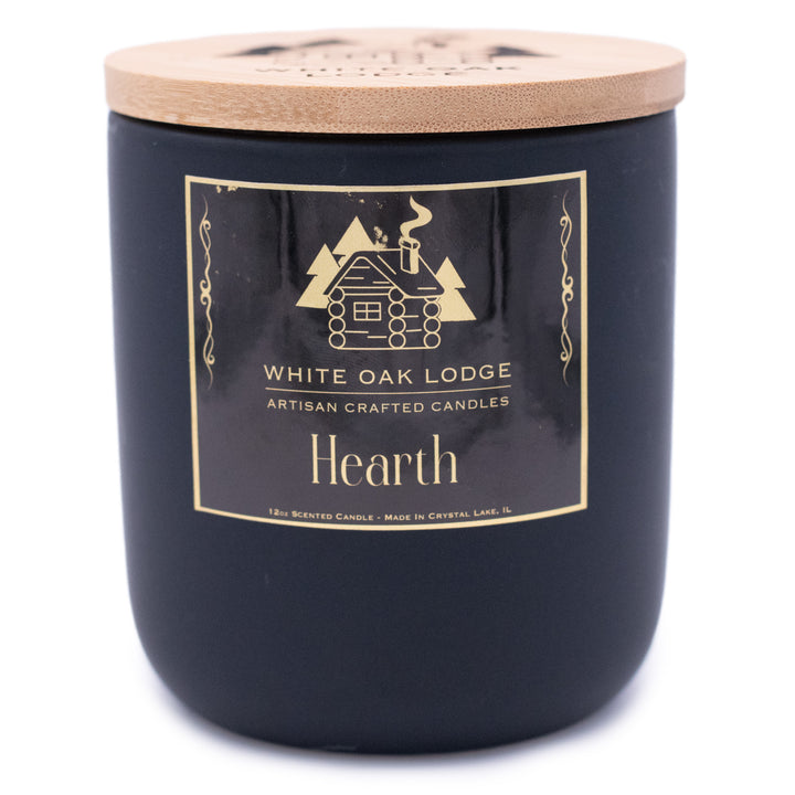 Hearth, 12oz Jar Candle, Winter Cabin Fireplace Scented, Plain White Background, Lid On