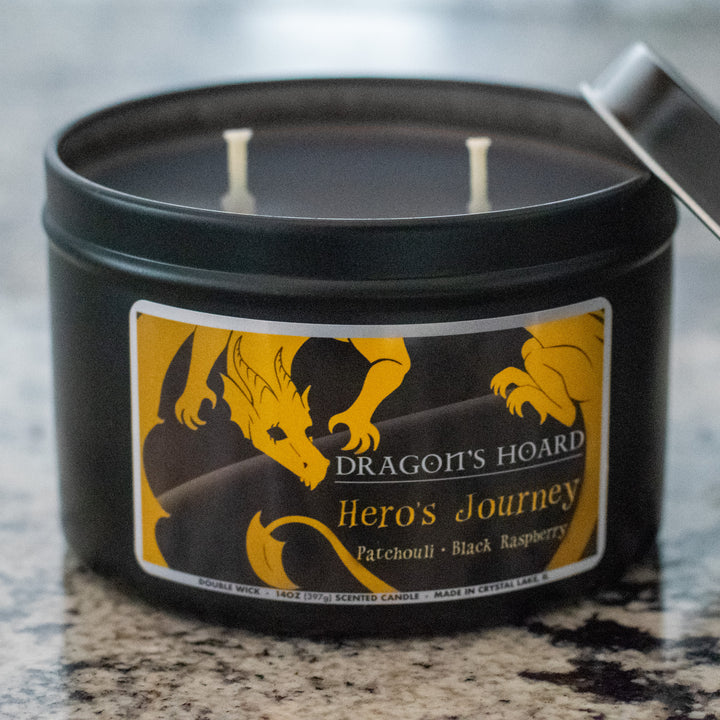 Hero's Journey, 14oz Candle, Patchouli and Black Raspberry, Front View, Cap Removed