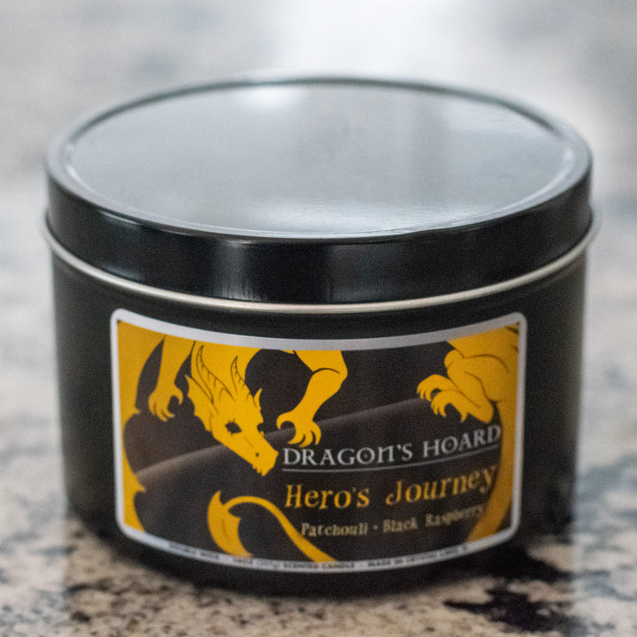Hero's Journey, 14oz Candle, Patchouli and Black Raspberry, Front View, Cap On
