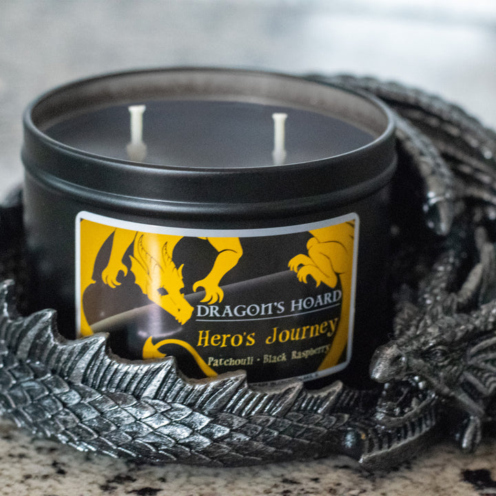 Hero's Journey, 14oz Candle, Patchouli and Black Raspberry, Front View, Cap Removed in Dragon Candle Holder