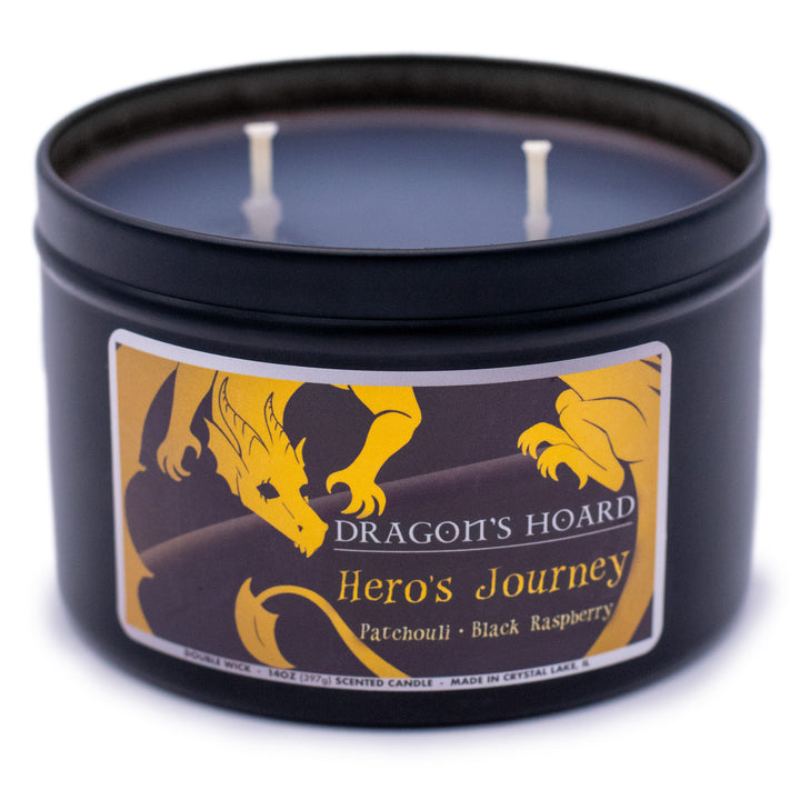 Hero's Journey, 14oz Candle, Patchouli and Black Raspberry, Front View, Cap Removed, Plain White Background