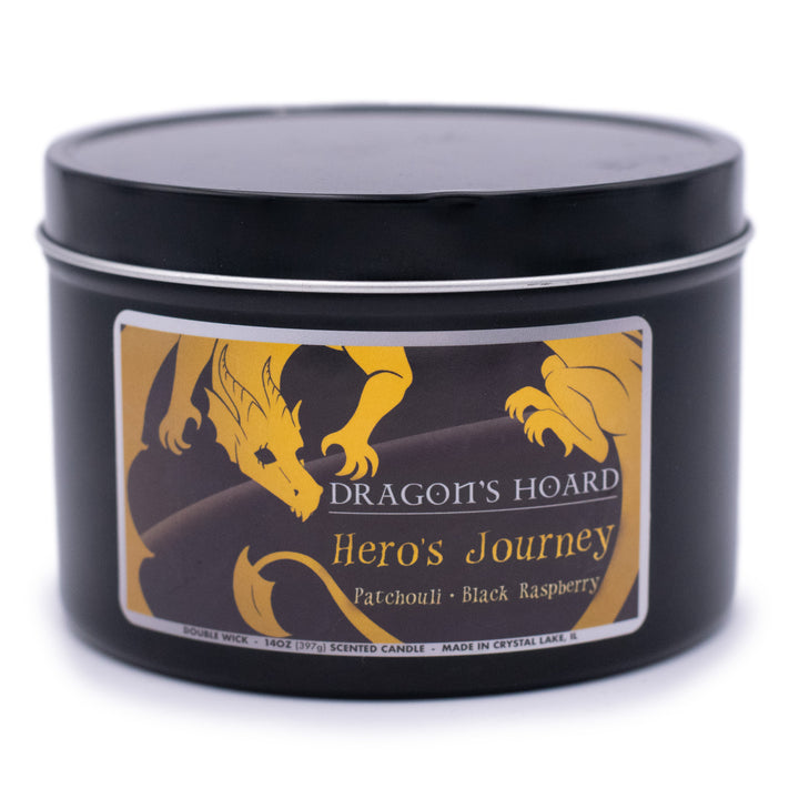 Hero's Journey, 14oz Candle, Patchouli and Black Raspberry, Front View, Cap On, Plain White Background