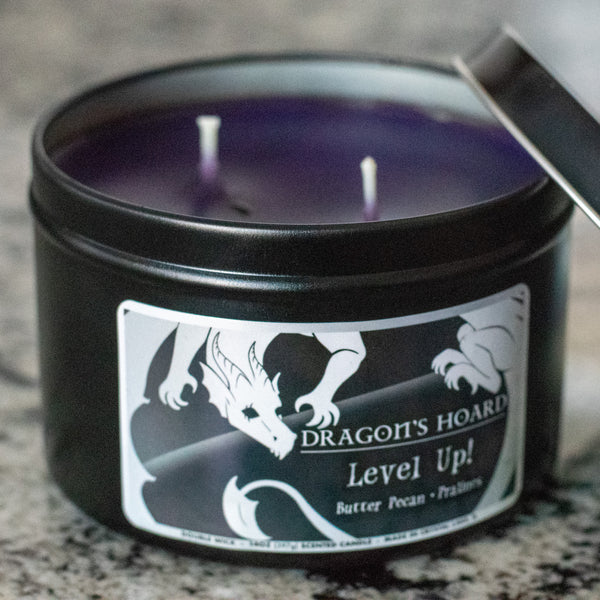 Level Up!, 14oz Candle, Butter Pecan and Pralines Scented, Front View, Cap Removed