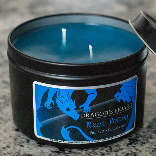 Mana Potion, 14oz Candle, Sea Salt and Sandalwood, Front View, Cap Removed