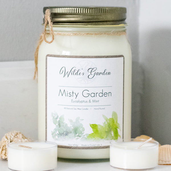 Misty Garden, 16oz Mason Jar Candle, Eucalyptus and Mint, Front View on Bathroom Counter