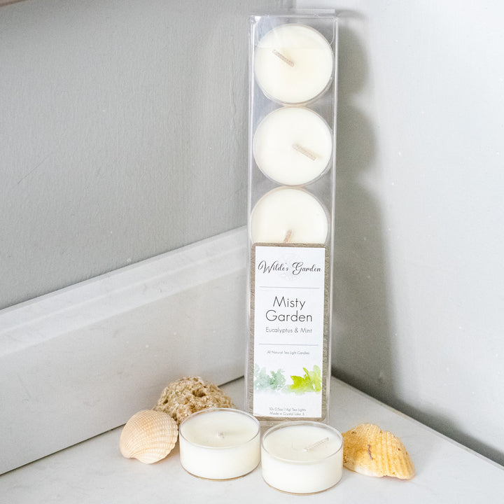 Misty Garden, Tea Lights 10 Pack, Eucalyptus and Mint, Upright View on Bathroom Counter