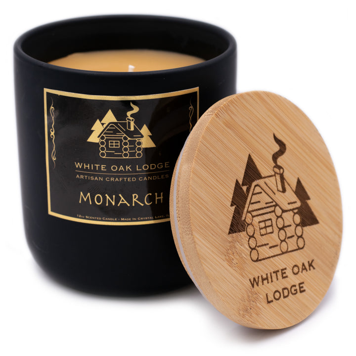 Monarch, 12oz Jar Candle, Amber and Musk Scented, Plain White Background with Cap Removed