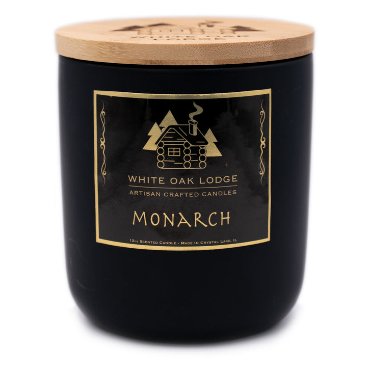 Monarch, 12oz Jar Candle, Amber and Musk Scented, Front View, Plain White Background