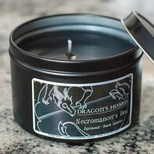 Necromancer's Den, 14oz Candle, Patchouli and Black Licorice, Front View, Cap Removed
