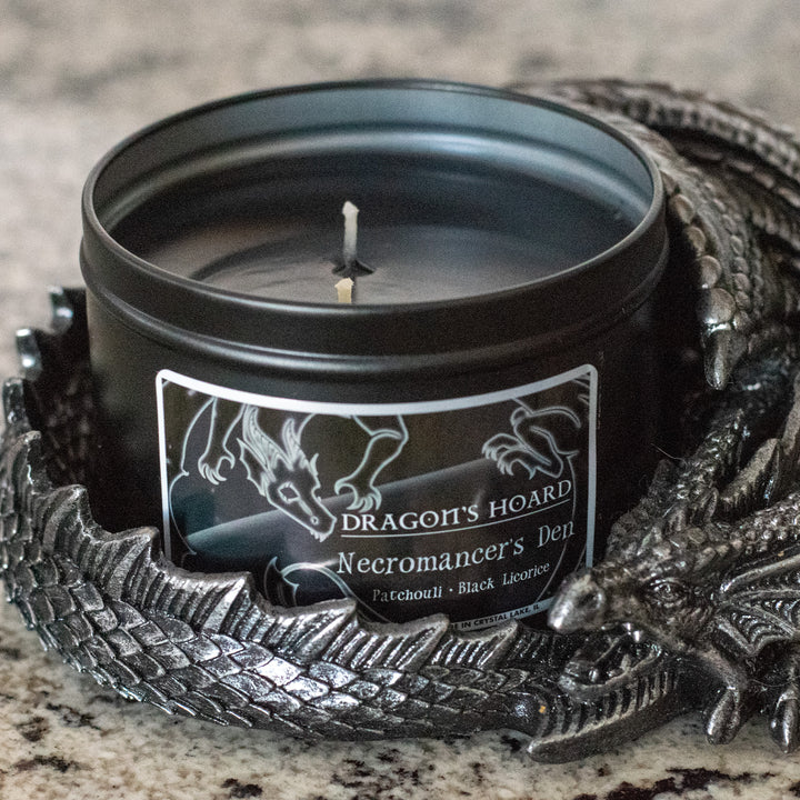 Necromancer's Den, 14oz Candle, Patchouli and Black Licorice, Front View, Cap Removed in Dragon Candle Holder
