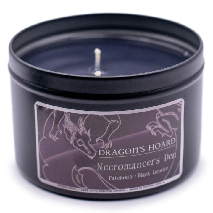 Necromancer's Den, 14oz Candle, Patchouli and Black Licorice, Front View, Cap Removed, Plain White Background