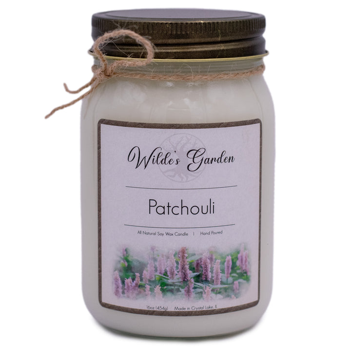 Patchouli, 16oz Mason Jar Candle, Patchouli and Spice, Front View, Plain White Background