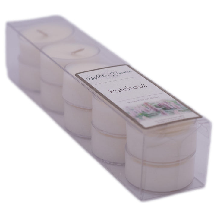 Patchouli, Tea Light 10 Pack, Earthy Patchouli and Spice, Corner View, Plain White Background