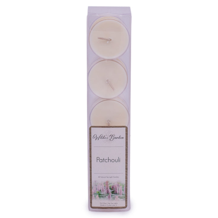 Patchouli, Tea Light 10 Pack, Earthy Patchouli and Spice, Upright View, Plain White Background