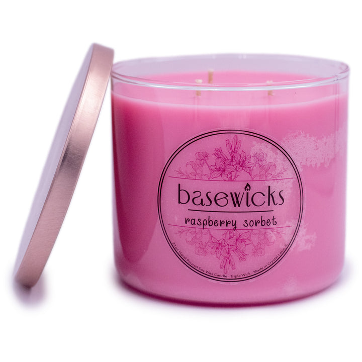 Raspberry Sorbet, Soy Wax Candle, Sweet Raspberry Scented, 21oz, Plain White Background, Cap Removed