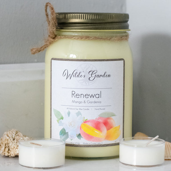 Renewal, 16oz Mason Jar Candle, Mango and Gardenia Scented, Countertop Cover Photo