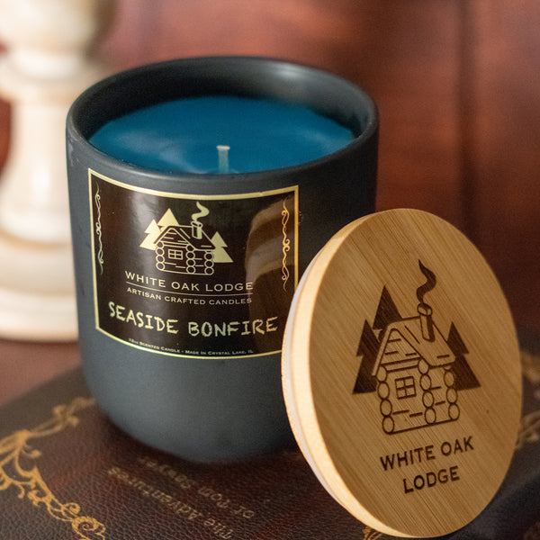 Seaside Bonfire, 12oz Jar Candle, Sea Salt and Sandalwood, Top Down View with Cap Removed