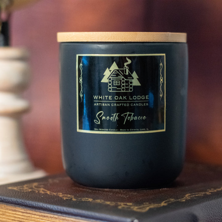 White Oak Lodge Smooth Tobacco Scented, 12oz, Stone Container, Candle with Lid closed.