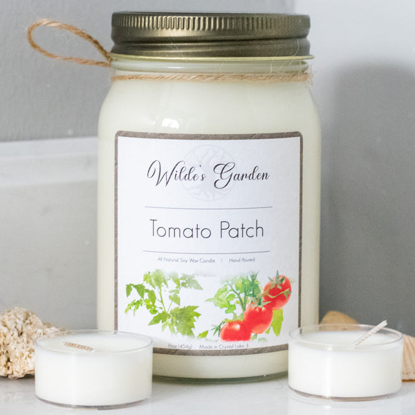 Tomato Patch, 16oz Mason Jar Candle, Tomato Vine Scented, Front View on Bathroom Counter