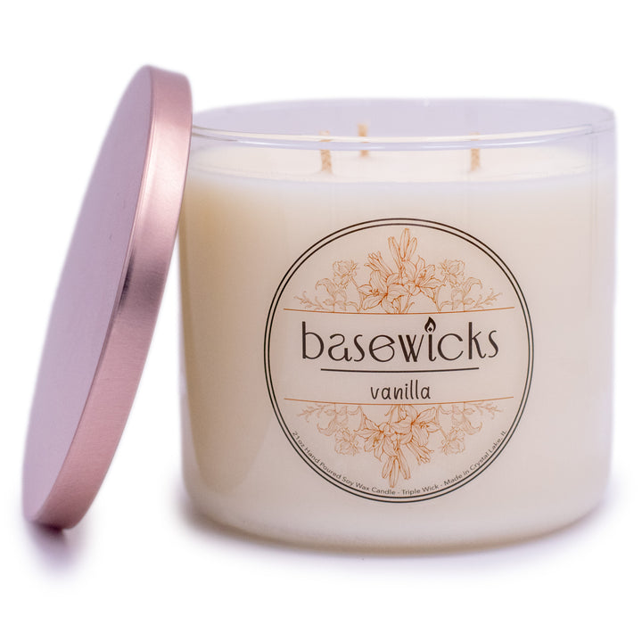 Vanilla, Soy Wax Candle, French Vanilla Bean Scented, 21oz, Plain White Background, Cap Removed