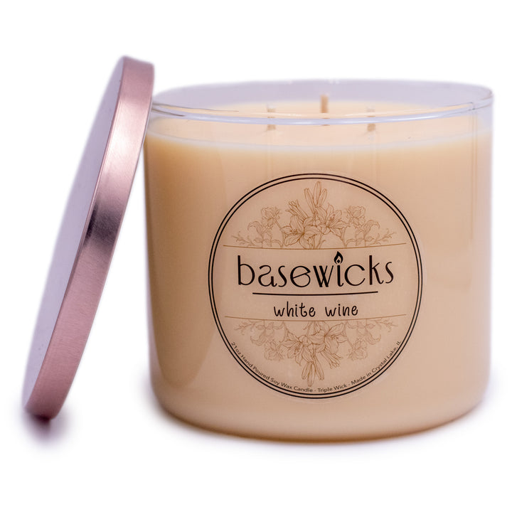 White Wine, Soy Wax Candle, Crisp Chardonnay Scented, 21oz, Plain White Background, Cap Removed