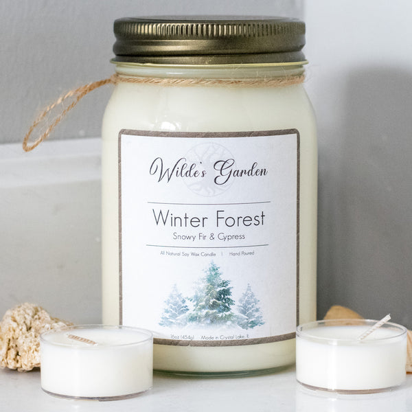 Winter Forest, 16oz Mason Jar Candle, Fir and Cypress, Front View on Bathroom Counter
