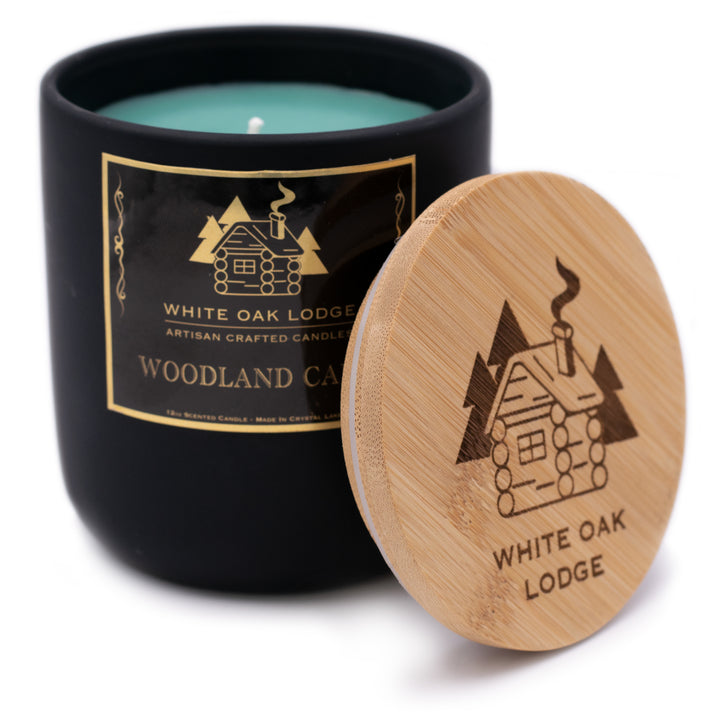 Woodland Cabin, 12oz Jar Candle, Floral Juniper Scented, Plain White Background with Cap Removed