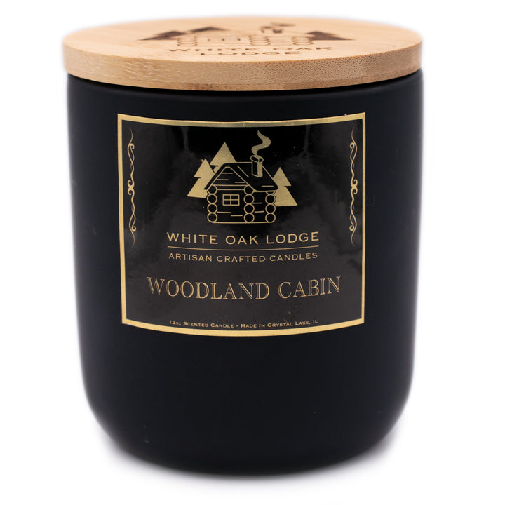 Woodland Cabin, 12oz Jar Candle, Floral Juniper Scented, Front View, Plain White Background